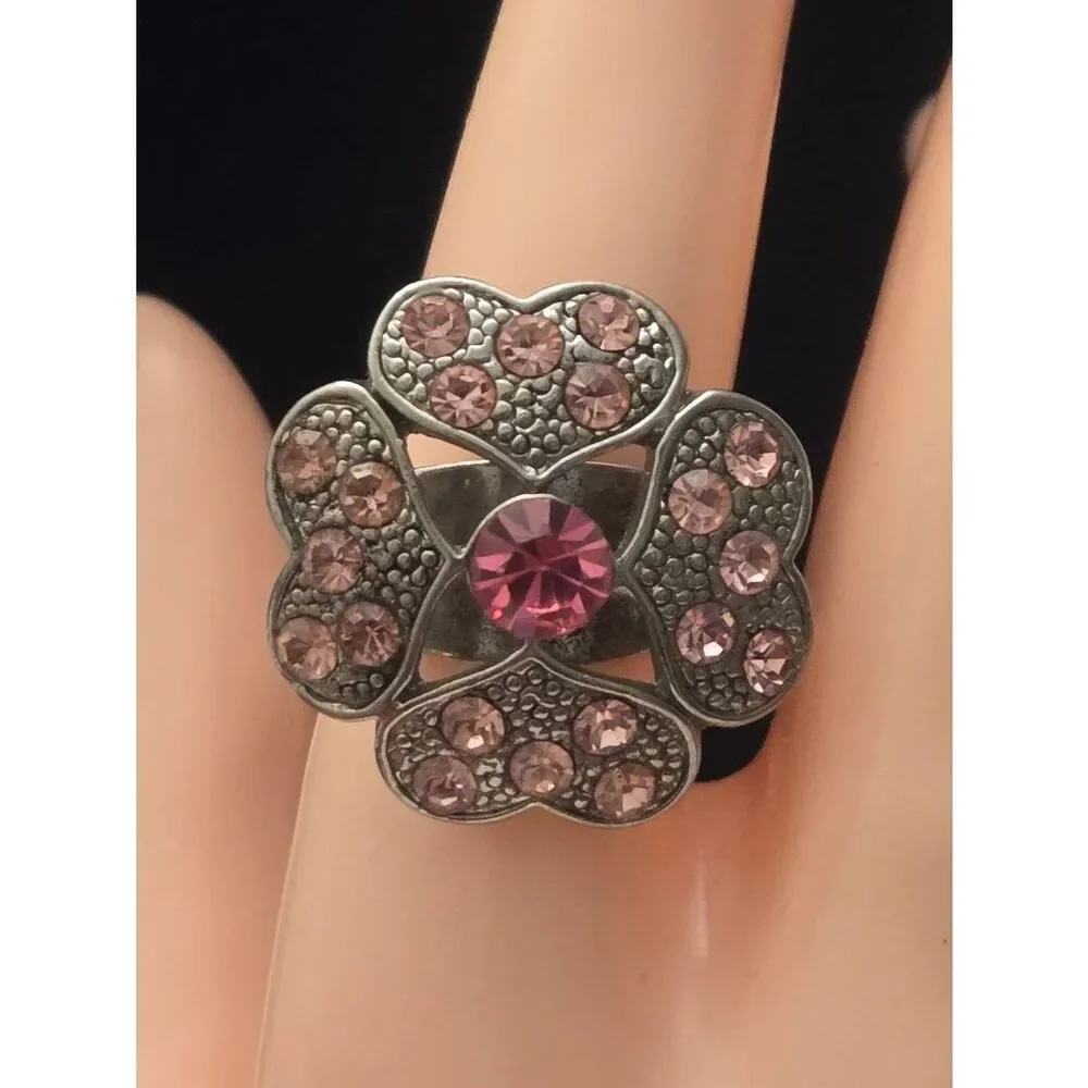 Women's Vintage Pink Rhinestone Heart Flower Silver Tone Adjustable Ring